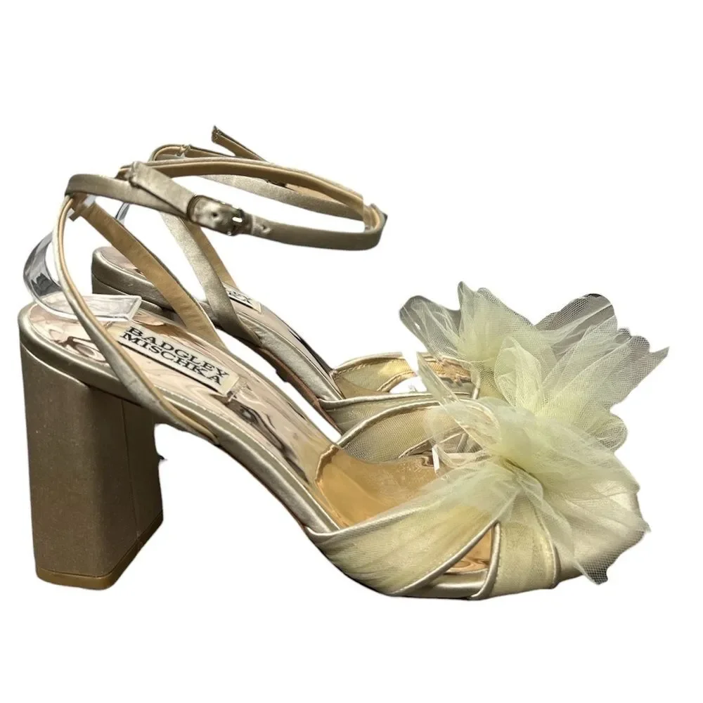 Badgley Mischka Tess Women’s Tulle Bow Block Heels Pearl Nude Size 7.5 Sandals